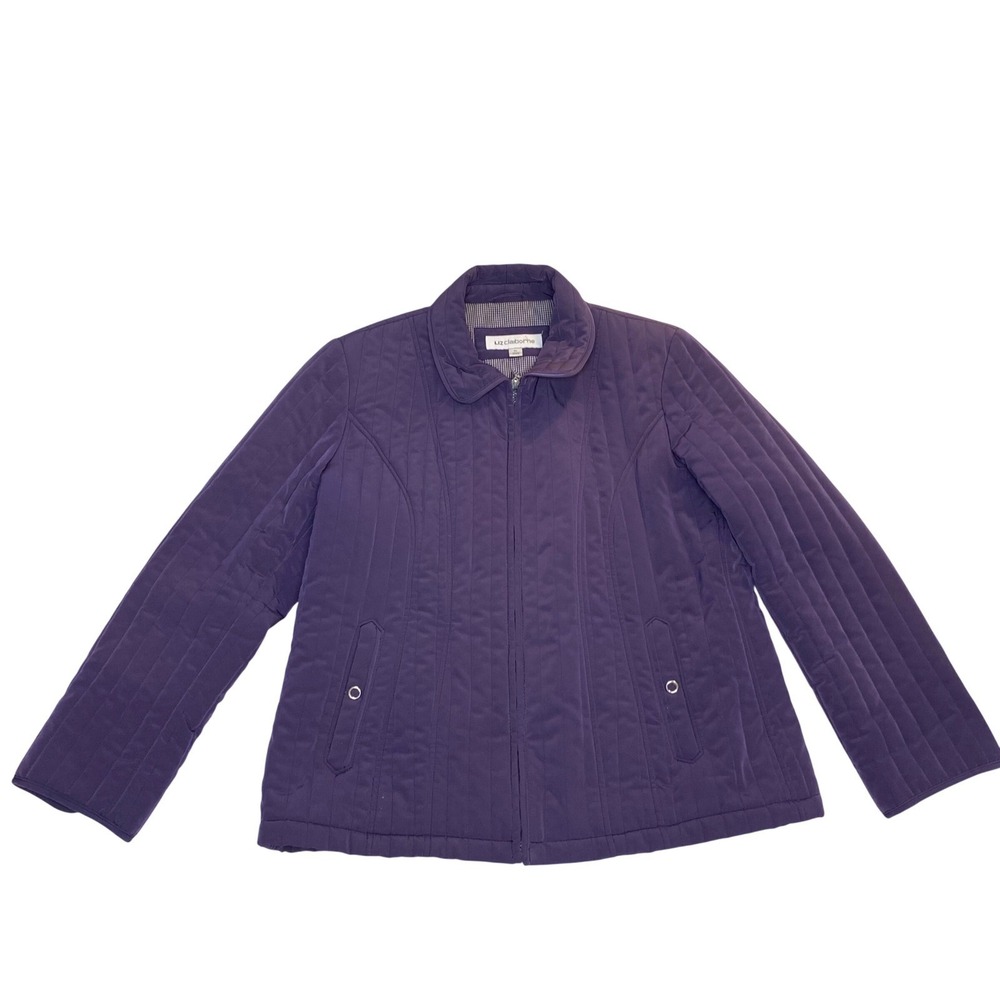 Liz‎ Claiborne Womens XL Purple Quilted Zip Jacket Gingham Trim Coat